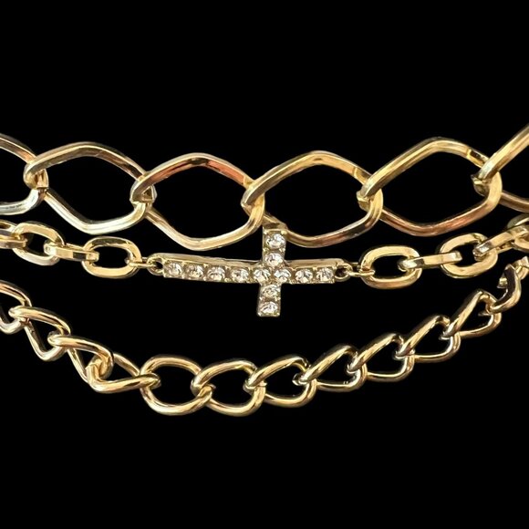 Ashley Stewart Trio Anklet Set  Gold-Tone Chains & Rhinestone Cross Festival - Picture 3 of 5